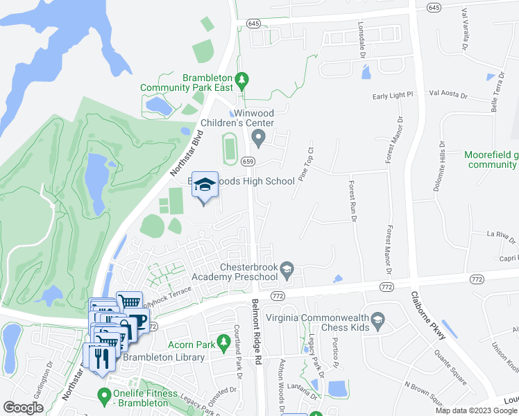 map of restaurants, bars, coffee shops, grocery stores, and more near 22575 Highcroft Terrace in Brambleton