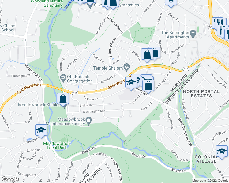 map of restaurants, bars, coffee shops, grocery stores, and more near 2625 Colston Drive in Chevy Chase