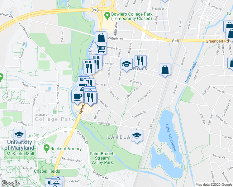 map of restaurants, bars, coffee shops, grocery stores, and more near 4814 Osage Street in College Park