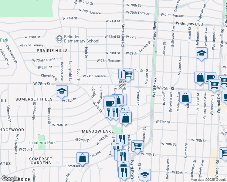 map of restaurants, bars, coffee shops, grocery stores, and more near 7517 Sagamore Road in Prairie Village