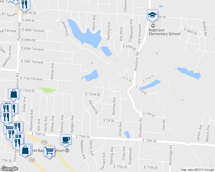 map of restaurants, bars, coffee shops, grocery stores, and more near 7116 Sterling Avenue in Raytown