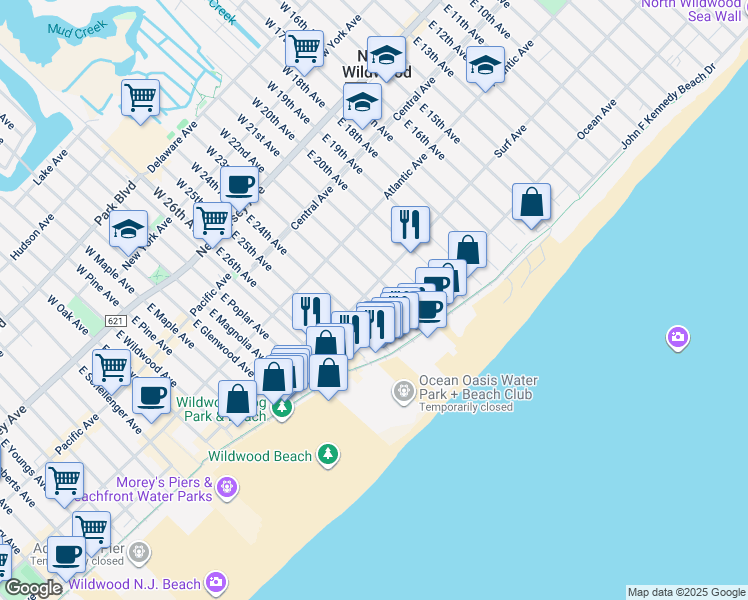 map of restaurants, bars, coffee shops, grocery stores, and more near 2313 Surf Avenue in Wildwood