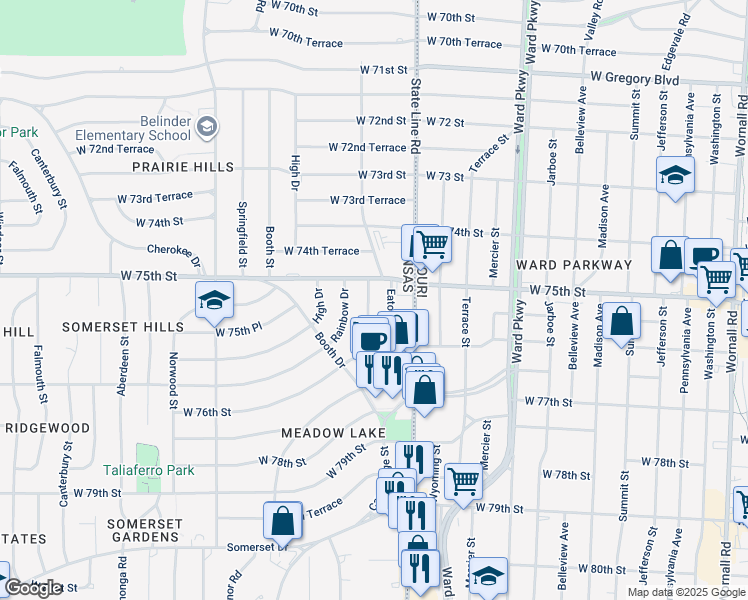 map of restaurants, bars, coffee shops, grocery stores, and more near 7517 Sagamore Road in Prairie Village