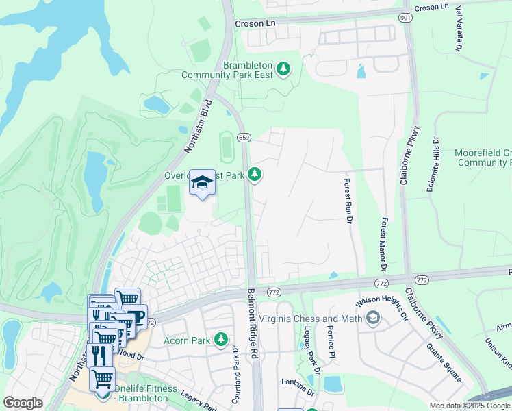 map of restaurants, bars, coffee shops, grocery stores, and more near 22573 Highcroft Terrace in Brambleton