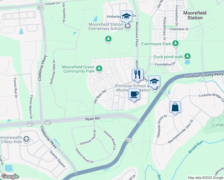 map of restaurants, bars, coffee shops, grocery stores, and more near 43071 Ryan Road in Ashburn