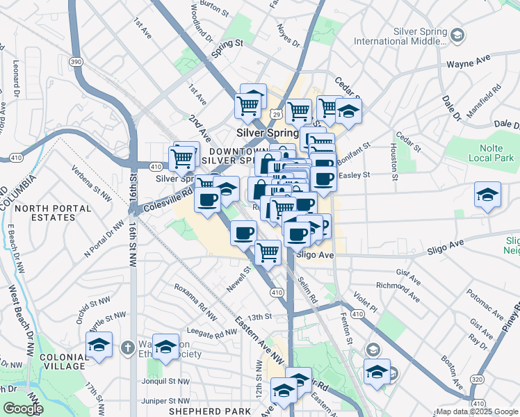 map of restaurants, bars, coffee shops, grocery stores, and more near 1150 Ripley Street in Silver Spring