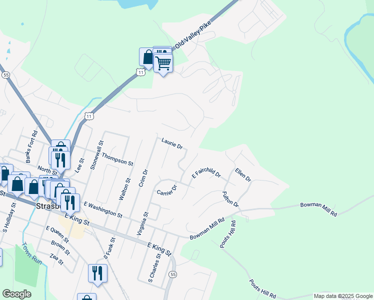 map of restaurants, bars, coffee shops, grocery stores, and more near 506 Dickerson Lane in Strasburg