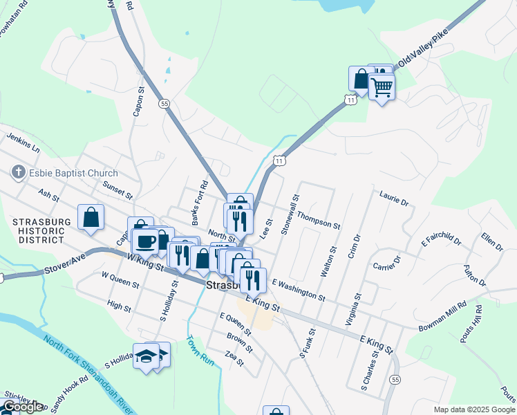 map of restaurants, bars, coffee shops, grocery stores, and more near 388 North Massanutten Street in Strasburg
