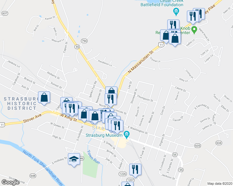 map of restaurants, bars, coffee shops, grocery stores, and more near 383 North Massanutten Street in Strasburg