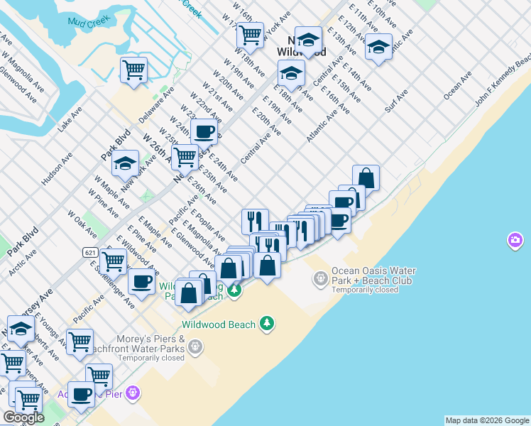 map of restaurants, bars, coffee shops, grocery stores, and more near 202 East 24th Avenue in North Wildwood