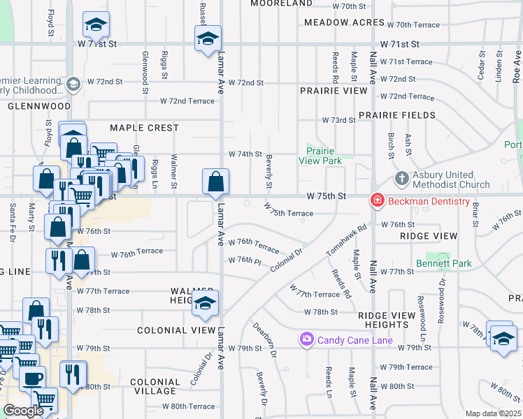 map of restaurants, bars, coffee shops, grocery stores, and more near 6023 West 75th Terrace in Prairie Village