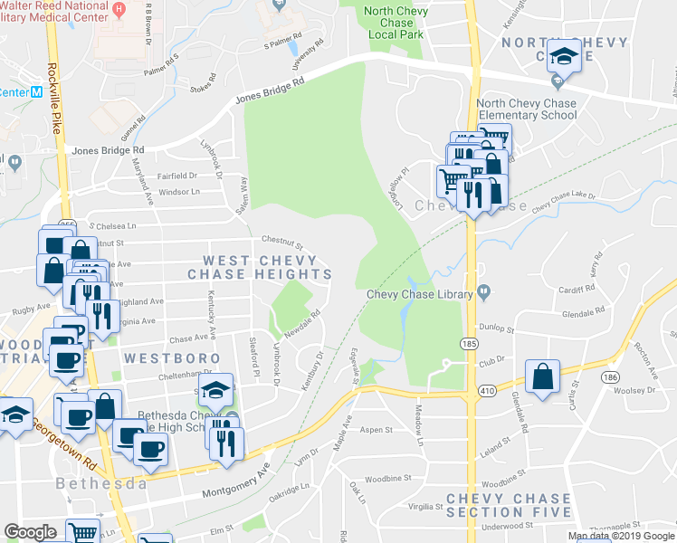 map of restaurants, bars, coffee shops, grocery stores, and more near 8205 Kentbury Dr in Bethesda