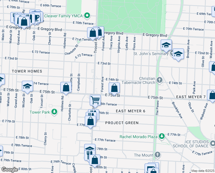 map of restaurants, bars, coffee shops, grocery stores, and more near 7418 Tracy Avenue in Kansas City