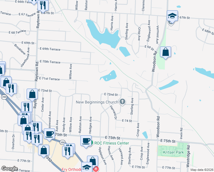 map of restaurants, bars, coffee shops, grocery stores, and more near 10901 East 71st Terrace in Raytown