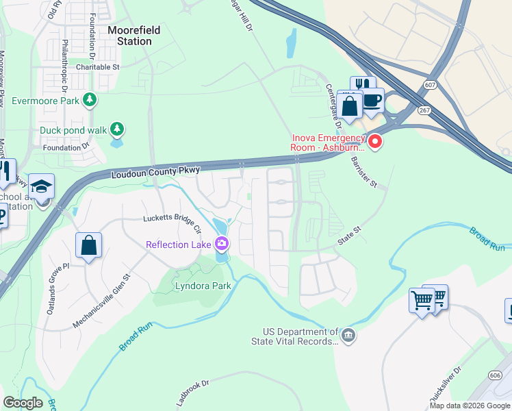 map of restaurants, bars, coffee shops, grocery stores, and more near 22550 Scattersville Gap Terrace in Ashburn