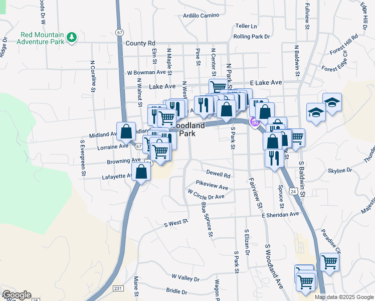 map of restaurants, bars, coffee shops, grocery stores, and more near 140 South West Street in Woodland Park