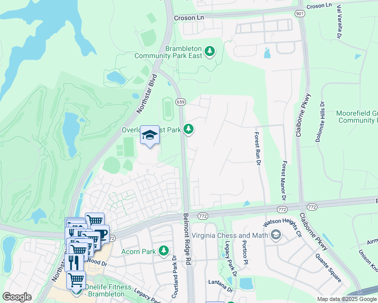 map of restaurants, bars, coffee shops, grocery stores, and more near 22573 Highcroft Terrace in Brambleton