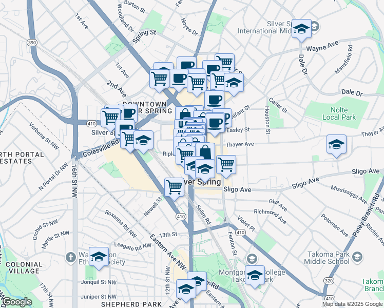 map of restaurants, bars, coffee shops, grocery stores, and more near Ripley Street in Silver Spring