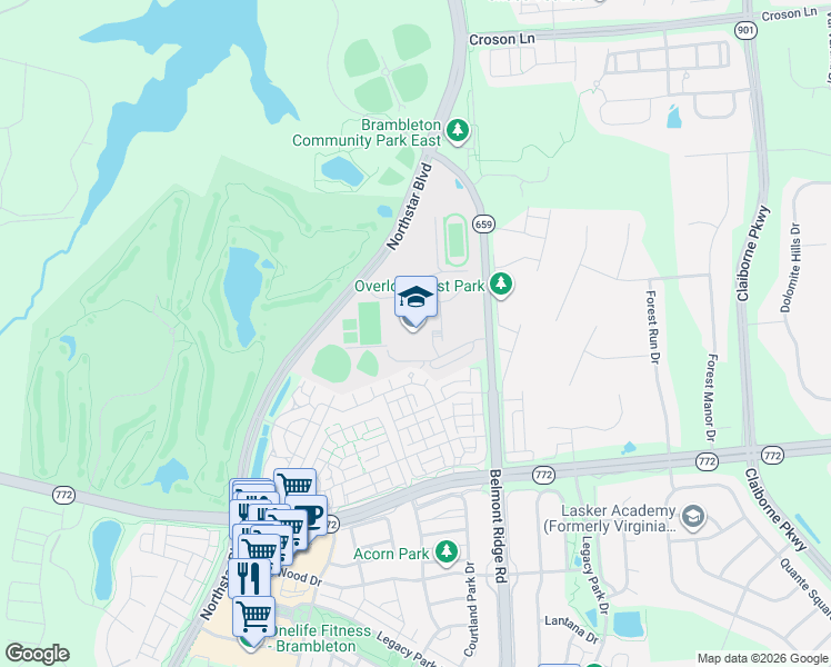 map of restaurants, bars, coffee shops, grocery stores, and more near 22525 Belmont Ridge Road in Ashburn