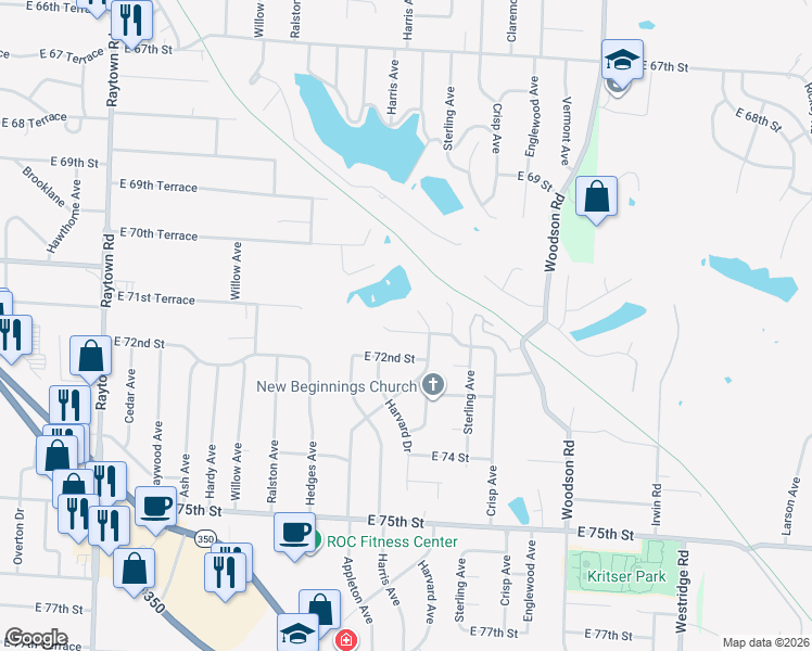 map of restaurants, bars, coffee shops, grocery stores, and more near 11000 East 71st Terrace in Raytown
