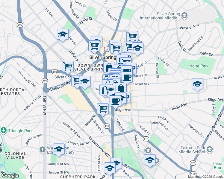 map of restaurants, bars, coffee shops, grocery stores, and more near Ripley Street in Silver Spring