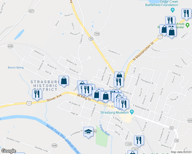map of restaurants, bars, coffee shops, grocery stores, and more near 162 North Place Lane in Strasburg
