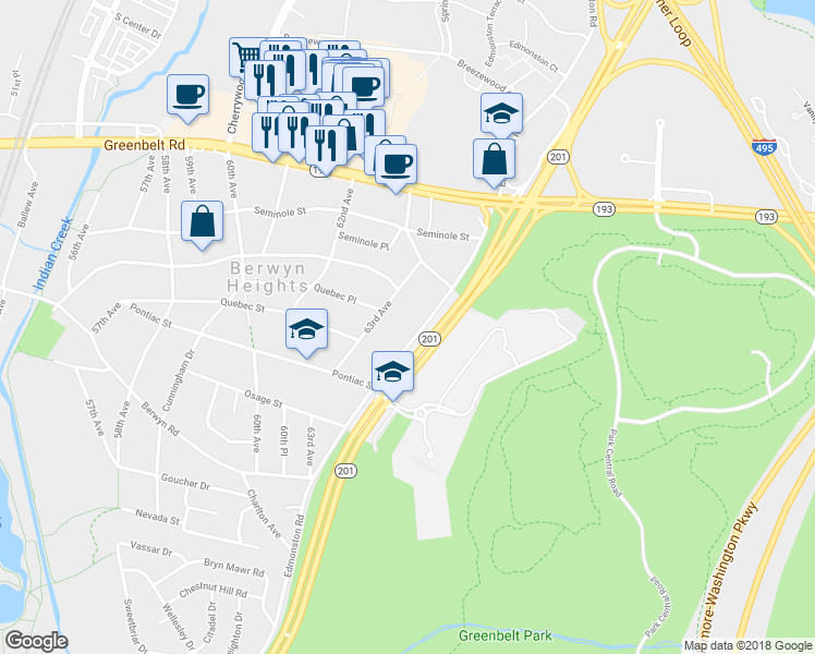 map of restaurants, bars, coffee shops, grocery stores, and more near 8728 Edmonston Road in Berwyn Heights