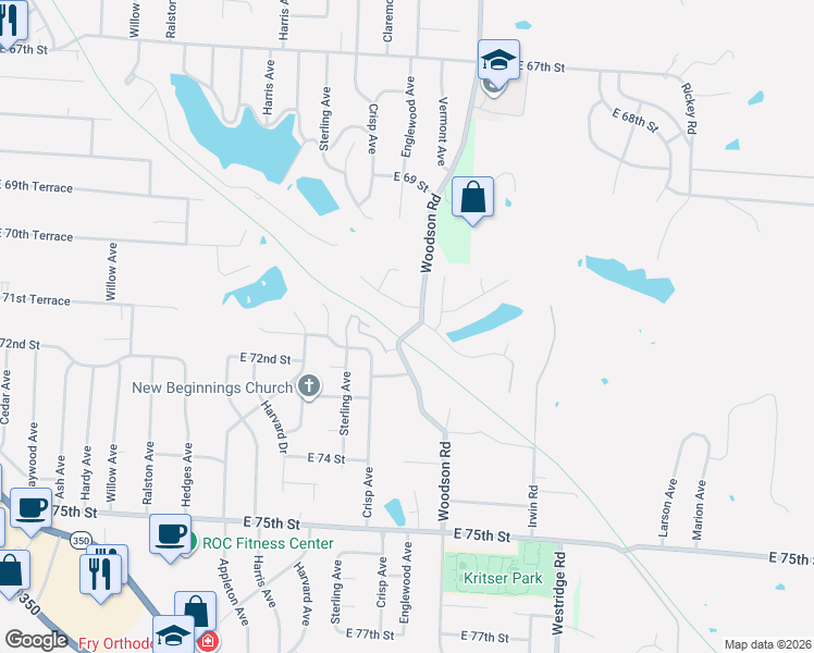 map of restaurants, bars, coffee shops, grocery stores, and more near 7116 Woodson Road in Raytown