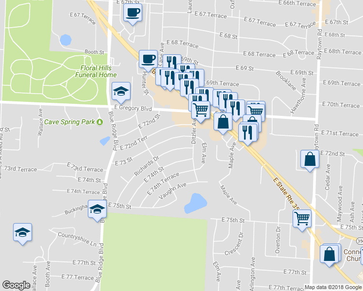 map of restaurants, bars, coffee shops, grocery stores, and more near 9120 Richards Drive in Raytown
