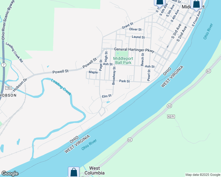 map of restaurants, bars, coffee shops, grocery stores, and more near 305 Broadway Street in Middleport