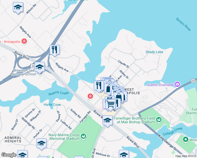 map of restaurants, bars, coffee shops, grocery stores, and more near 313 Tucker Street in Annapolis