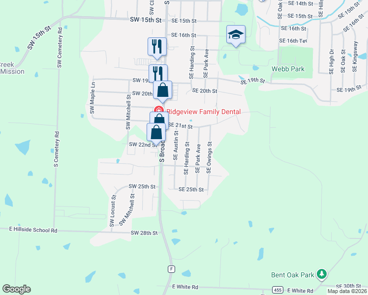 map of restaurants, bars, coffee shops, grocery stores, and more near 2204 Harding Street in Oak Grove
