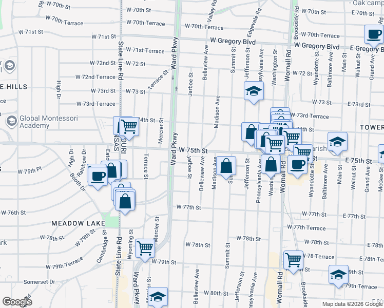 map of restaurants, bars, coffee shops, grocery stores, and more near 1019 West 75th Street in Kansas City