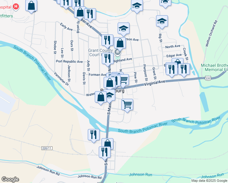 map of restaurants, bars, coffee shops, grocery stores, and more near in Petersburg
