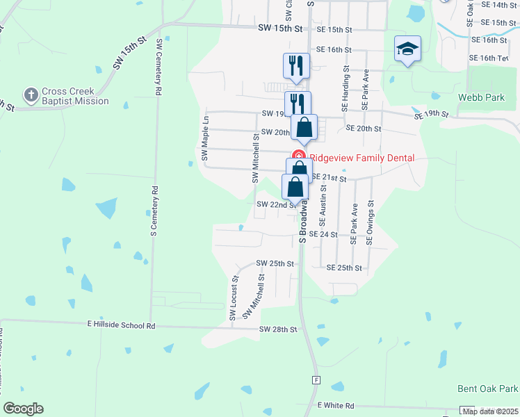 map of restaurants, bars, coffee shops, grocery stores, and more near 2201 Southwest Mitchell Street in Oak Grove