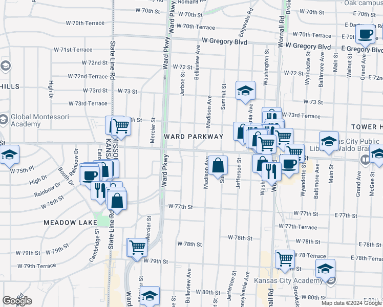 map of restaurants, bars, coffee shops, grocery stores, and more near 1019 West 75th Street in Kansas City