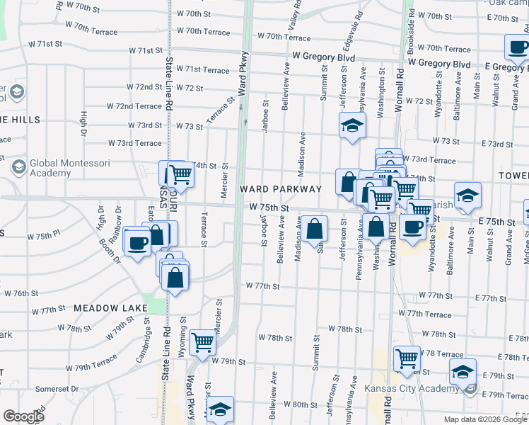 map of restaurants, bars, coffee shops, grocery stores, and more near 1019 West 75th Street in Kansas City