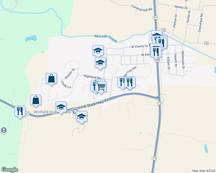 map of restaurants, bars, coffee shops, grocery stores, and more near 51 Old Troy Road in Winfield