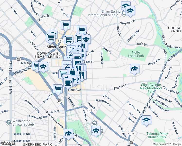 map of restaurants, bars, coffee shops, grocery stores, and more near 8208 Grove Street in Silver Spring