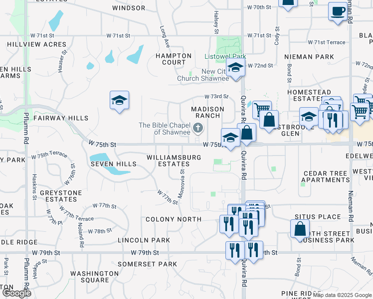 map of restaurants, bars, coffee shops, grocery stores, and more near 12321 West 75th Street in Shawnee