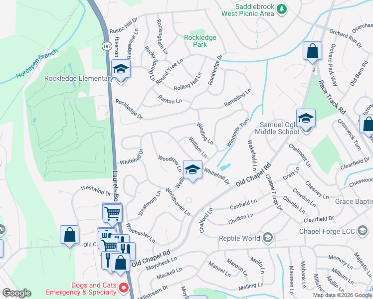 map of restaurants, bars, coffee shops, grocery stores, and more near 12312 Whitehall Drive in Bowie