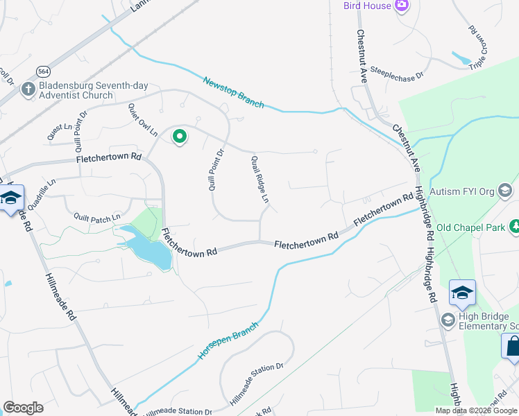 map of restaurants, bars, coffee shops, grocery stores, and more near 7310 Quetzal Drive in Bowie