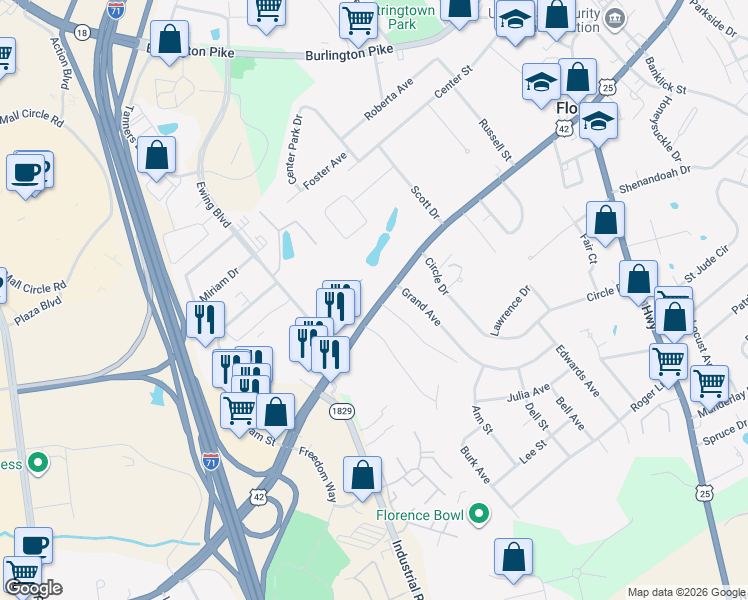 map of restaurants, bars, coffee shops, grocery stores, and more near 7700 U.S. 42 in Florence