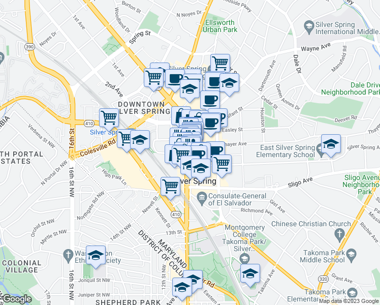 map of restaurants, bars, coffee shops, grocery stores, and more near 8227 Georgia Avenue in Silver Spring