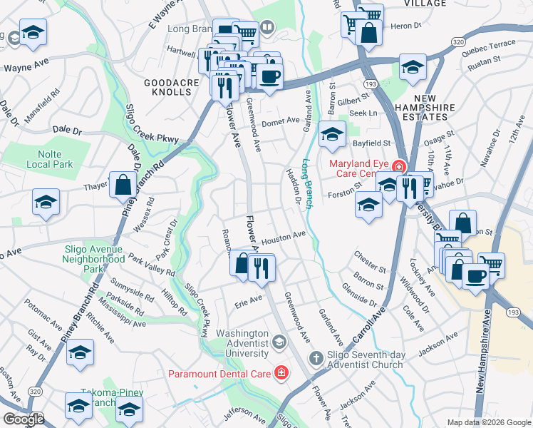 map of restaurants, bars, coffee shops, grocery stores, and more near 8220 Greenwood Avenue in Takoma Park