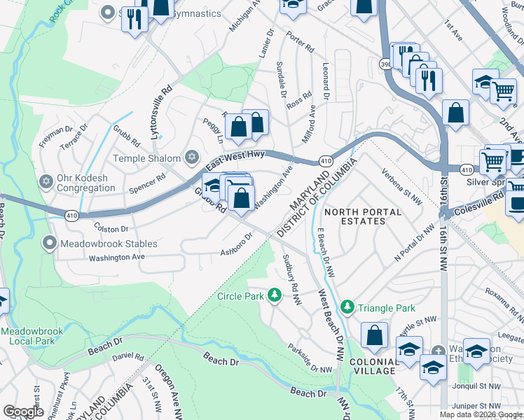 map of restaurants, bars, coffee shops, grocery stores, and more near 2248 Washington Avenue in Silver Spring