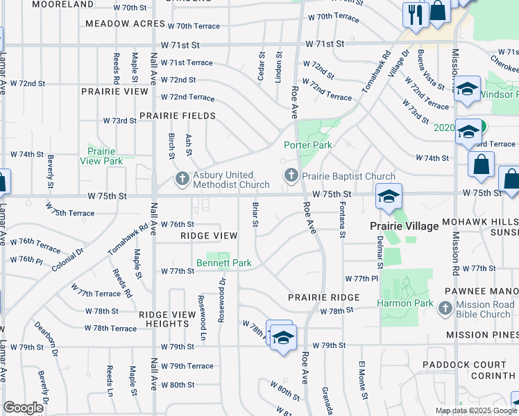 map of restaurants, bars, coffee shops, grocery stores, and more near 7509 Briar Street in Prairie Village