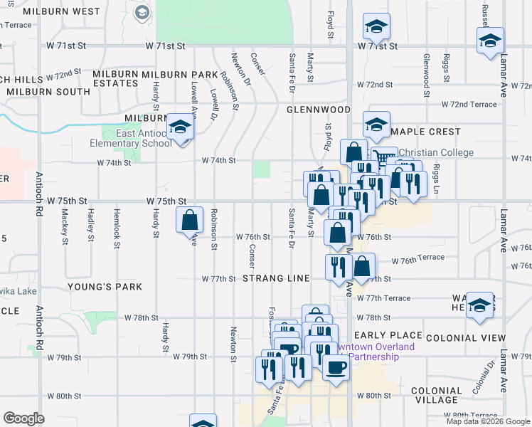 map of restaurants, bars, coffee shops, grocery stores, and more near 7508 Foster Street in Overland Park