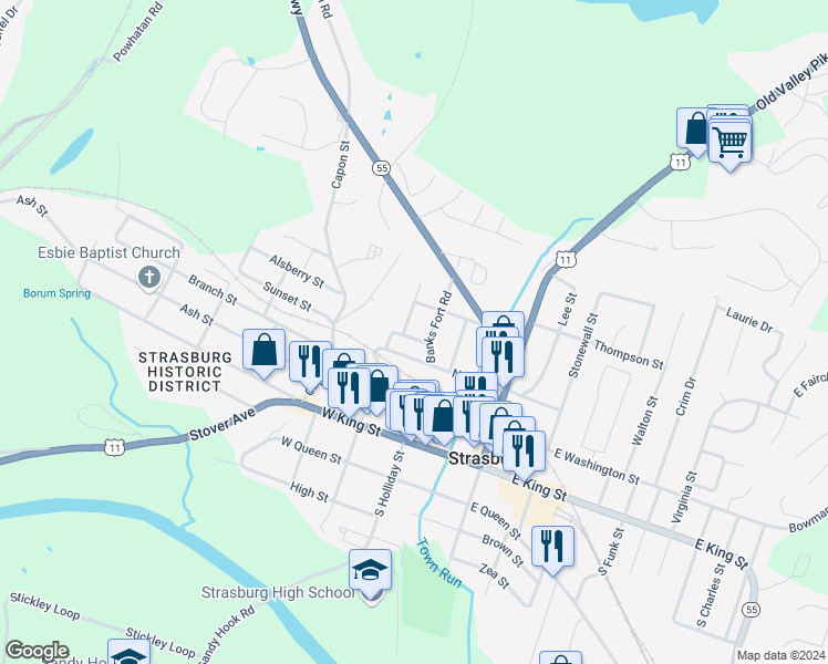 map of restaurants, bars, coffee shops, grocery stores, and more near 136 North Place Lane in Strasburg