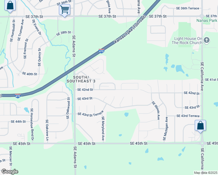 map of restaurants, bars, coffee shops, grocery stores, and more near 1002 Southeast 42nd Street in Topeka